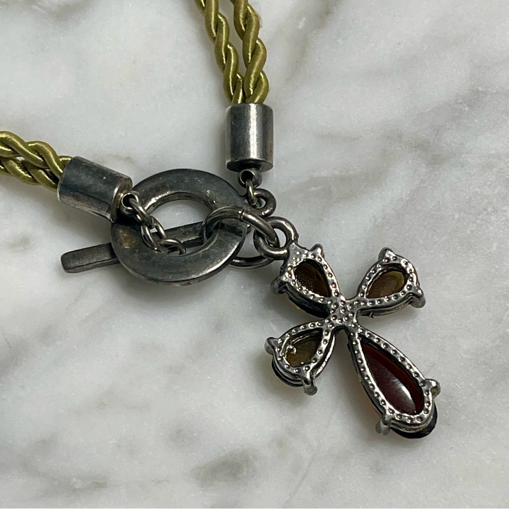 Smoky Topaz Cross Bracelet w/twisted green silk cord & .925 silver toggle clasp - Picture 3 of 8